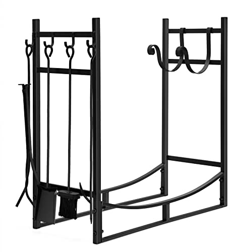 Goplus Firewood Rack Indoor, 30” Firewood Holder with 4- Piece Fireplace Tools-Shovel, Poker, Tongs, Brush, Kindling Holders, Heavy Duty Indoor Log Storage Rack, Outdoor Wood Rack for Fire Pit, Stove