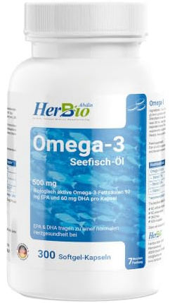 HerbBio Omega 3 Seefischöl 500 mg, 300 Softgel-Kapseln, halal | 90 mg EPA und 60 mg DHA je Kapsel, Vorrat für 7 Wochen, mit Vitamin E, Made in Germany