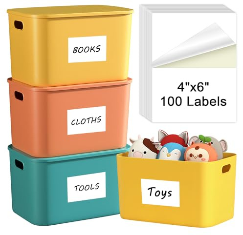 MaxGear 4x6 inch Removable Labels 100 Pcs, Water/Oil/Tear Resistants No Residue for Home Packing Box and Storage Bins, Matte White Paper Sheets, Permanent Strong Adhesive, Dries Quickly