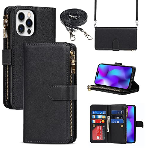 CAVOR Handykette Handyhülle kompatibel mit iPhone 14 Pro Hülle Mit Band,Flip Leder Geldbörse Handyhülle,[9 Kartenfach][Magnetverschluss],Klapphülle Handytasche zum umhängen - Schwarz
