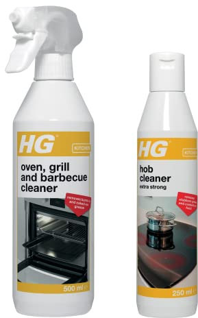 HG Oven, Grill & Barbecue Cleaner Spray, Removes Baked On Food & Burnt-in Grease Fast, 500 ml (Pack of 1) + HG Hob Cleaner Extra Strong, Effective Kitchen Degreaser & Induction Hob Protector - 250 ml