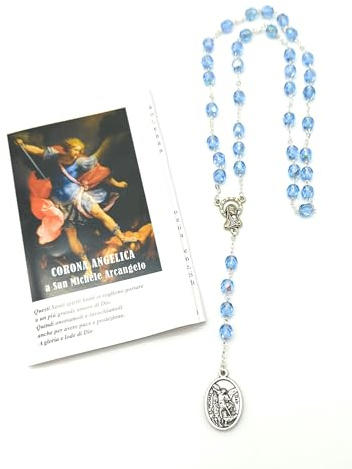 OVUNQUE PROTEGGIMI Rosario de San Miguel Arcángel - Corona Angélica en Medio Cristal Azul Con Medalla del Ángel Guardián - Rosario Devocional Con Oración