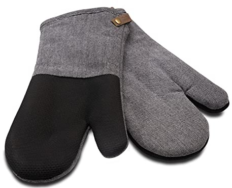 Cuisinart Neoprene Grey Oven Gloves Set of 2 - Oven Mitts with Charcoal Grey Herringbone Cuff, Faux Leather Hanging Loop, Neoprene Non Slip, Heat Resistant Oven Mitts