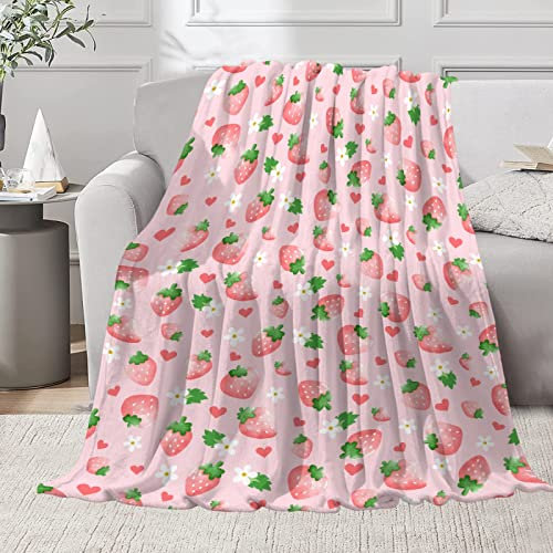 Yukisbea Kuschelige Plüsch-Überwurfdecke mit Erdbeerblumen, 101,6 x 127 cm, Geschenke für Mädchen, Kinder, Blumendekor für Couch/Sofa/Bett/Zimmer