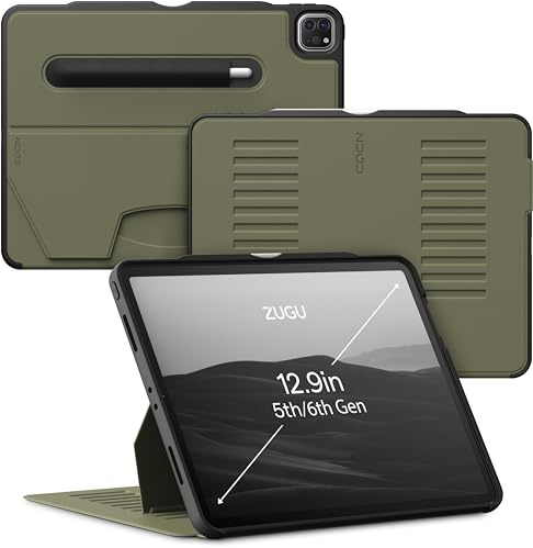 ZUGU iPad Pro 12.9 Hülle 2022/2021 6. / 5. Generation, schlanke Schutzhülle 10 Winkel-Ständer magnetisch, Aufladen iPad Stiftes Auto Sleep/Wake Up [ iPadPro 12.9 Olivgrün ]