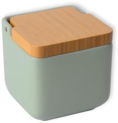 KOOK TIME Ceramic Salt Cellar with Bamboo Swivel Lid | Modern Kitchen Storage Pot for Salt, Spices or Sugar | 11.5 cm Sage Matt Finish
