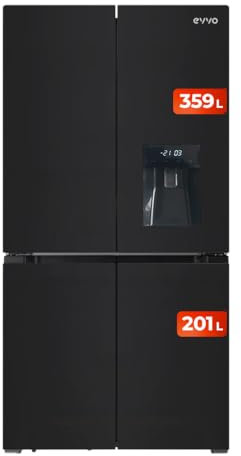 EVVO Frigorífico Americano 4 Puertas, Total No Frost, Compresor Inverter, Capacidad frigorífico 321L y 169L Nevera, Sin Gas Freón, Display Integrado, Modelo: F100 Glass (Acabado Negro)