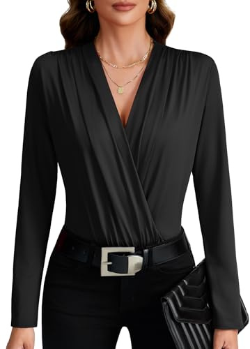 LYANER Women's Wraped V Neck Ruched Long Sleeve Leotard Bodysuit Top Black# Large