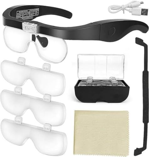 Lupa con luz 2 LED Lupas de Gran Aumento Leer, Extensiones de Reparación de Joyería,Tarcrafter Gafas Lupa Visera y 4 Lentes Intercambiable1.5X, 2.5X, 3.5X, 5X.