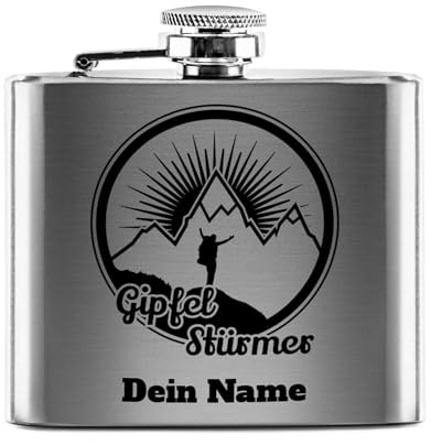 Flachmann mit Gravur aus Edelstahl selbst gestalten - Gipfel-Stürmer - mit Name gravieren - Geschenk Wandern Skifahren - Praktische Taschengröße | Silber, 141 ml