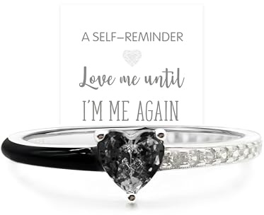 Love Me Until I'M Me Again Black Heart-Cut Half Enamel Ring, Heart Self-Love Ring, Jewelry Birthday Gifts for Women, Daughter, Wife, Friends (Black, 7)