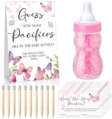 Roowest Babyparty-Spiele, Guess How Many Pacifiers, grünes Spielschild, 100 kleine Ratespiele, 10 HB-Bleistifte, 750 ml, Milchflasche, 400 Acryl-Schnuller, Dekoration, Gastgeschlechtsoffenbarung