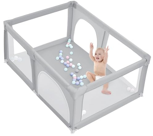 Laufstall für Kinder, großer Laufstall, faltbar, für den Innen- und Außenbereich, mit rutschfester Basis, Barriere für Babys, aus Oxford-Stoff (180 x 120 x 66 cm, 50 Bälle, hellgrau)