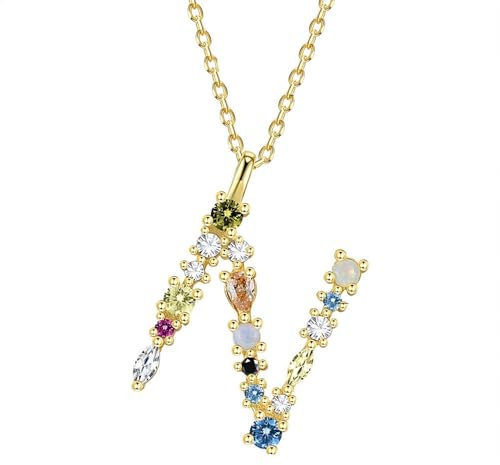 Homxi Mädchen Anhänger Halskette Gold,Mädchen Halskette 925 Silber mit Anhänger Buchstabe N mit Zirkonia Halskette Anhänger Gold