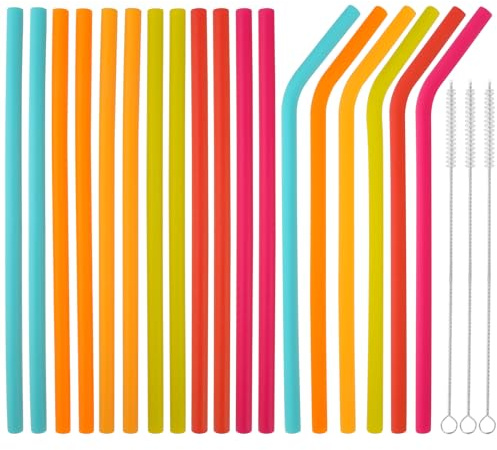 18 Stück Silikon Strohhalm, Wiederverwendbare Silikon-Trinkhalme, Bunte Silicone Straws für Erwachsene mit 3 Reinigungsbürste für Säfte, Smoothies, Milchtee