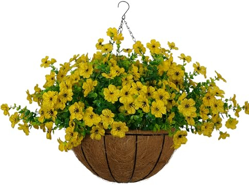 Hynbasea 12 Inches Artificial Violets Flowers with Hanging Basket Chain Flowers Plastic Plants for Garden and Indoor Decoration (Yellow)