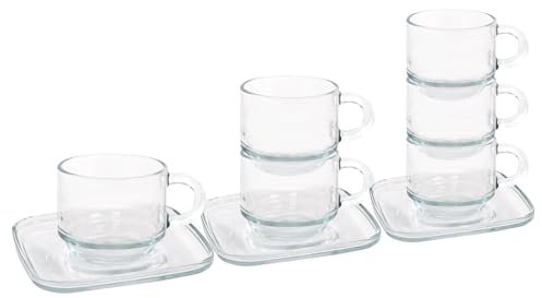 LAV 12pc Clear 90ml Cozy Stacking Glass Espresso Cups & Saucers Set - Latte Tea Hot Chocolate Cappuccino Espresso Drinking Mugs Glasses