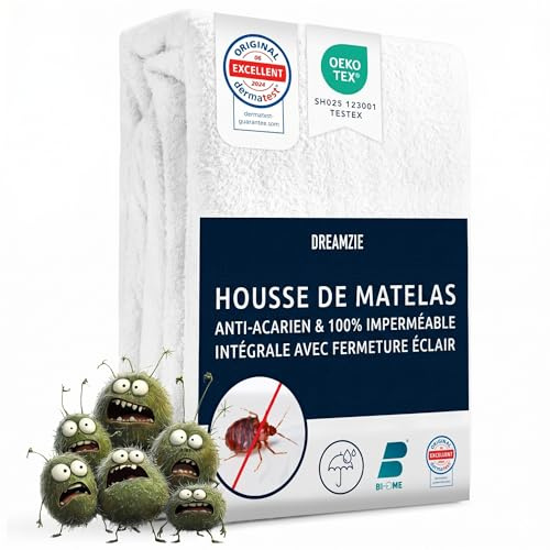 Dreamzie Housse Matelas 160x200 x25 cm Intégrale Anti-Acarien et Punaises de Lit - Protege Matelas 160x200 cm avec Fermeture Eclair pour Allergiques - Imperméable, Bi-Ome et Oeko-Tex