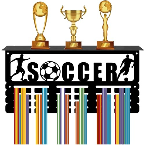 CREATCABIN Fußball Medaillenaufhänger Trophäenregal Medaillenhalter Mit Regalständer Sport 4 Reihe Metall Aufhängen An Der Wand Für 70+Medaillen Für Läufer Wettkampfmedaillenständer Schwarz 40x20x10cm