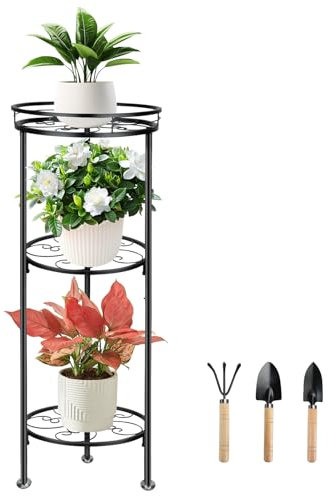 Chostky 3 Tier Plant Stand Indoor Outdoor, Metal Flower Pot Plant Shelf, Heavy Duty Corner Plant Holder,Rustproof Mutiple Plant Round Supports Rack with Garden Accessories for Patio Balcony Garden