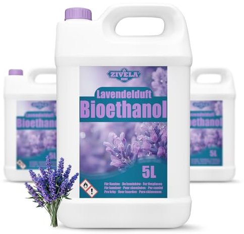 Bioéthanol 96,6 % 15 l | Alcool bio parfum lavande 96,6 % 15 l | Bioéthanol pour cheminée, cheminée de table, cheminée au bioéthanol | Parfum lavande | Combustion propre, sans fumée, flamme vive et
