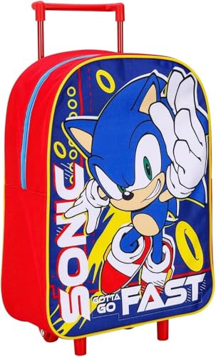 NMB Fashion Foldable Kids Travel Trolley Backpack - Wheeled Carry-On Suitcase Rucksack with Favorite Character Design for Children (Standard Sonic The Hedgehog Gotta Go Fast Trolley)