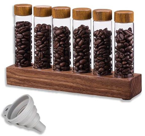 EVDZNA Kaffeebohnen Behälter, Glas Kaffeedosen mit Holzständer, 6 Röhrchen Kaffeebohnenbehälter, Versiegelte Röhren zur Aufbewahrung von Kaffeebohnen, Jede Tube enthält 17-19 g Kaffeebohnen