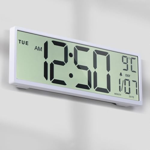 Mee 2ou 15 Digitale Wanduhr Batteriebetrieben – Große Kabellose LCD Wanduhr mit Datum, Wochentag, Temperatur, Automatischer Sommerzeit, 12/24-Stunden-Anzeige, Alarm & Schlummerfunktion