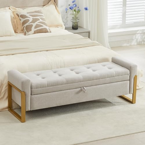 adochr 57 Storage Bench, Linen Upholstered End of Bed Storage Bench with Metal Legs & Button-Tufted, Large Ottoman with Storage 500 lb Capacity, for Living Room, Bedroom, Entryway, Beige
