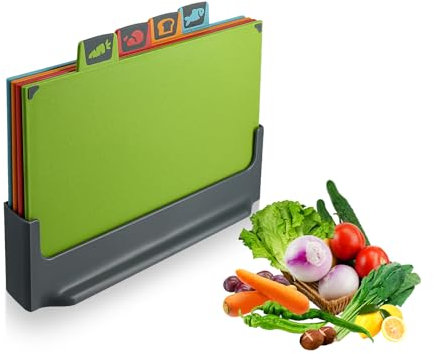 4 Colour Coded Chopping Boards Set with Non-Slip Feet – Dishwasher Safe Kitchen Essentials for Vegetables, Meat & Fish | Wheat Straw Reversible Cutting Board Set with Stand