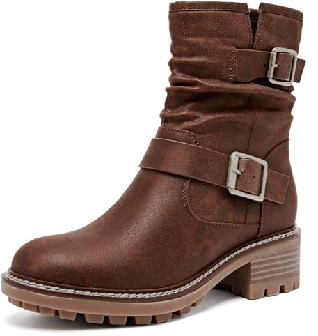 Ruiee Women's Ankle Boots Slouchy Flat Ladies Booties Low Chunky Heeled Riding Combat Boot Comfortable Casual Round Toe Short Boots for Women.240963 Brown BMF UKSize6.5