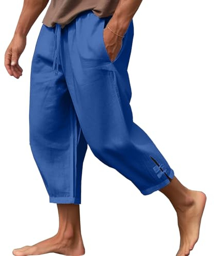 Cherry Pantalon Lin et Coton Léger Été pour Homme - Pantacourt Décontracté Élastique et Poches 3/4