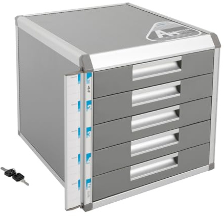Cutycaty Ablagebox Metall Schubladenbox Abschließbar Dokumenten Aufbewahrung Ablagebox 3/5 Fächer, Schubladenbox A4 Aktenschrank Aluminiumlegierung Bürobox mit Etiketten zur Beschriftung (5 Ebenen)