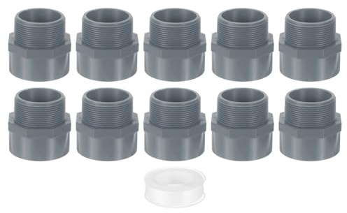 QUARKZMAN 10Pcs 63mm Adaptador Macho de PVC para Conexión de Tuberías, Conectores de Tubería de PVC de 2 Vías con Cinta Selladora (Enchufe x Rosca de Tubería Macho) (Gris) | Acoplador adaptador para tubos, toma x rosca macho, con cinta selladora, gris