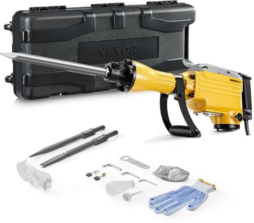 VEVOR Demolition Jack Hammer, 2200W Electric Jackhammer Heavy Duty, 1350 BPM Jack Hammer Concrete Breaker, with 1 Point Chisel, 1 Flat Chisel, Storage Case, Gloves and Goggles, for Demolition