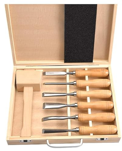 CLLBANT Juego de 7 cinceles para Madera para Esculpir Madera con Mangos de Madera, mazo de Madera y Caja de Madera para carpintería, Regalos de carpintería.
