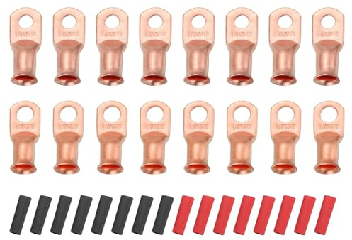 sourcing map 16pcs 1/0 AWG M8 M10 Battery Lugs Ring Terminals, 5/16 3/8 8mm 10mm Stud Crimp Wire Terminal Connector End Copper, 3:1 Heat Shrink Tubing, Gold