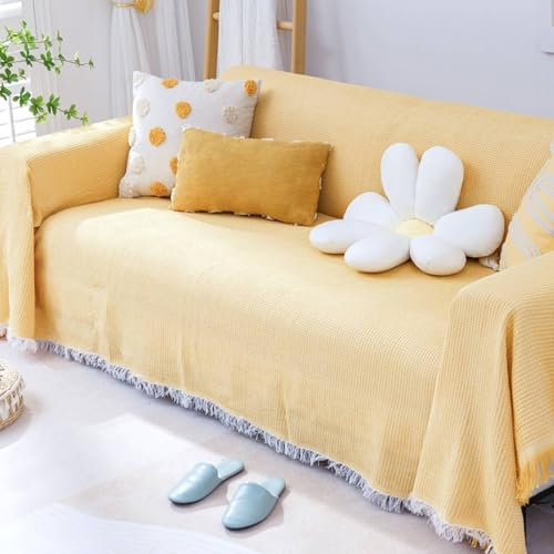 Decke Couch Gelb, Polyester Couch Überzug Einfarbige Gitterstruktur Mit Quaste Sofabezug 2 Seater(90X240Cm)