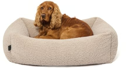 PAW WOW Sven Hundebett | Orthopädisches Hundebett | Teddy-Stoff | Hundekörbchen für kleine, mittelgroße und große Hunde (Greige, 85x65cm)