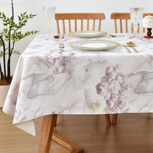 Yofori PVC Table Cloth, Rose Gold, 137x300cm, Rectangular | Wipe Clean, Marble Floral Pattern, Wipeable Vinyl Waterproof, For Kitchen Dining Outdoor Garden Picnic