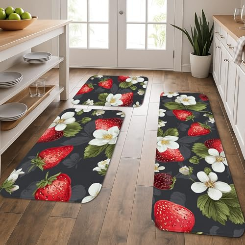 Vintage Floral Kitchen Mats for Floor, Black Strawberries Soft Mats, Cushioned Comfort Washable Non Slip Decor Rugs for Kitchen Sinks Laundryroom Bathroom 3Pcs