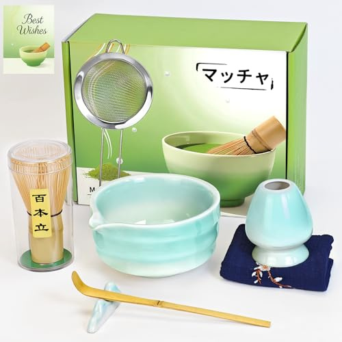 Evoio Matcha Set, 10 Pcs Japanese Matcha Whisk Set with Ceramic Bowl, Bamboo Whisk, Stainless Sifter, Scoop and Holder, Green Matcha Kit for Matcha Lover, Matcha Making Set
