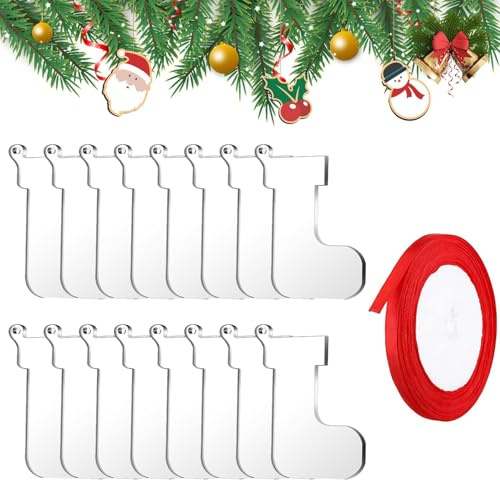 YXHZVON Acryl Rohlinge Weihnachten, 16 Stück Klar Weihnachtsstrümpfe 7.6cm x 6.3cm, DIY Blanko Socke Weihnachtsbaum Dekorationen Zusätzlich 22 m rotes Schnur für Weihnachtsbaum Dekoration Basteln
