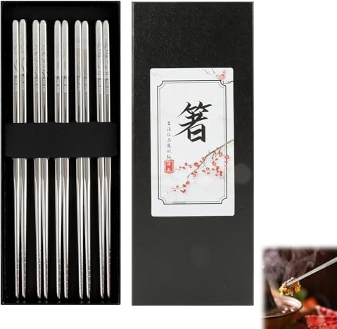 Palillos de acero inoxidable reutilizables, 5 pares con patrones grabados láser, aptos para lavavajillas, set japonés metálico perfecto como regalo en Navidad, cumpleaños y ocasiones especiales