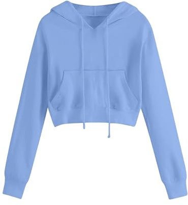 Generisch Cropped - Sudadera con capucha para mujer, de algodón, corta, suelta, informal, de forro polar, color liso, para adolescentes, exteriores, manga larga