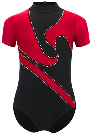 Eandarui barn pojke gymnastikdräkt strass glitter gymnastikdräkt kortärmad sportbody färgblock lapptäcke leotard jersey dräkt danskläder vinröd 170