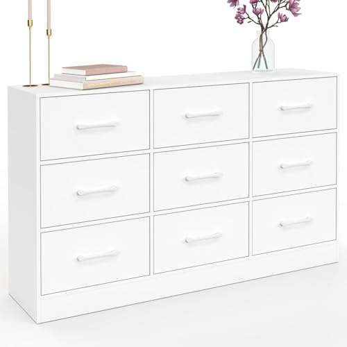 IDMarket - Commode 9 tiroirs en Tissu UPPAH 113 cm Meuble de Rangement Bois Blanc