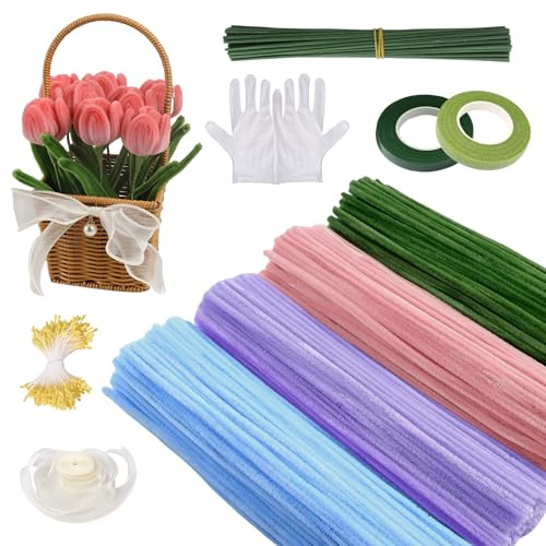 400 Stück Pfeifenreiniger Blumen Set, 4 Farben Pfeifenreiniger zum Basteln Rosa Lila Blau Grün, Pipe Cleaner mit Blumenstiel, Klebeband, Blumenmitte, Band, Handschuhe, DIY Tulip Blumenstrauß Basteln