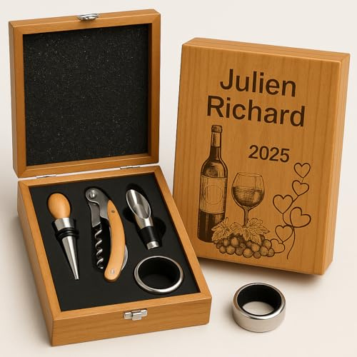 Coffret Sommelier en Bois Personnalisé – 4 Accessoires Vin (Tire-bouchon, Bouchon, Bec Verseur, Anneau) – Gravure Nom & Date – Cadeau Anniversaire, Noël, Mariage, Retraite
