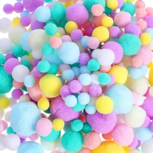 Pastellfarbene Pompons, 300 Stück Kleine Pompons für Bastelarbeiten, Verschiedene Größen 10mm-20mm, Mini-Pompons für Thanksgiving DIY Kunsthandwerk, Winter und Weihnachtsdekorationen, Mehrfarbig